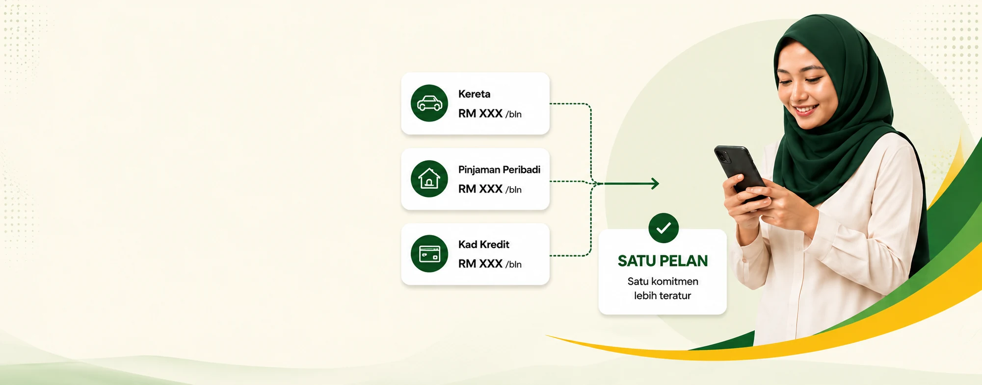 Seorang wanita menyemak pelan penyatuan komitmen melalui telefon