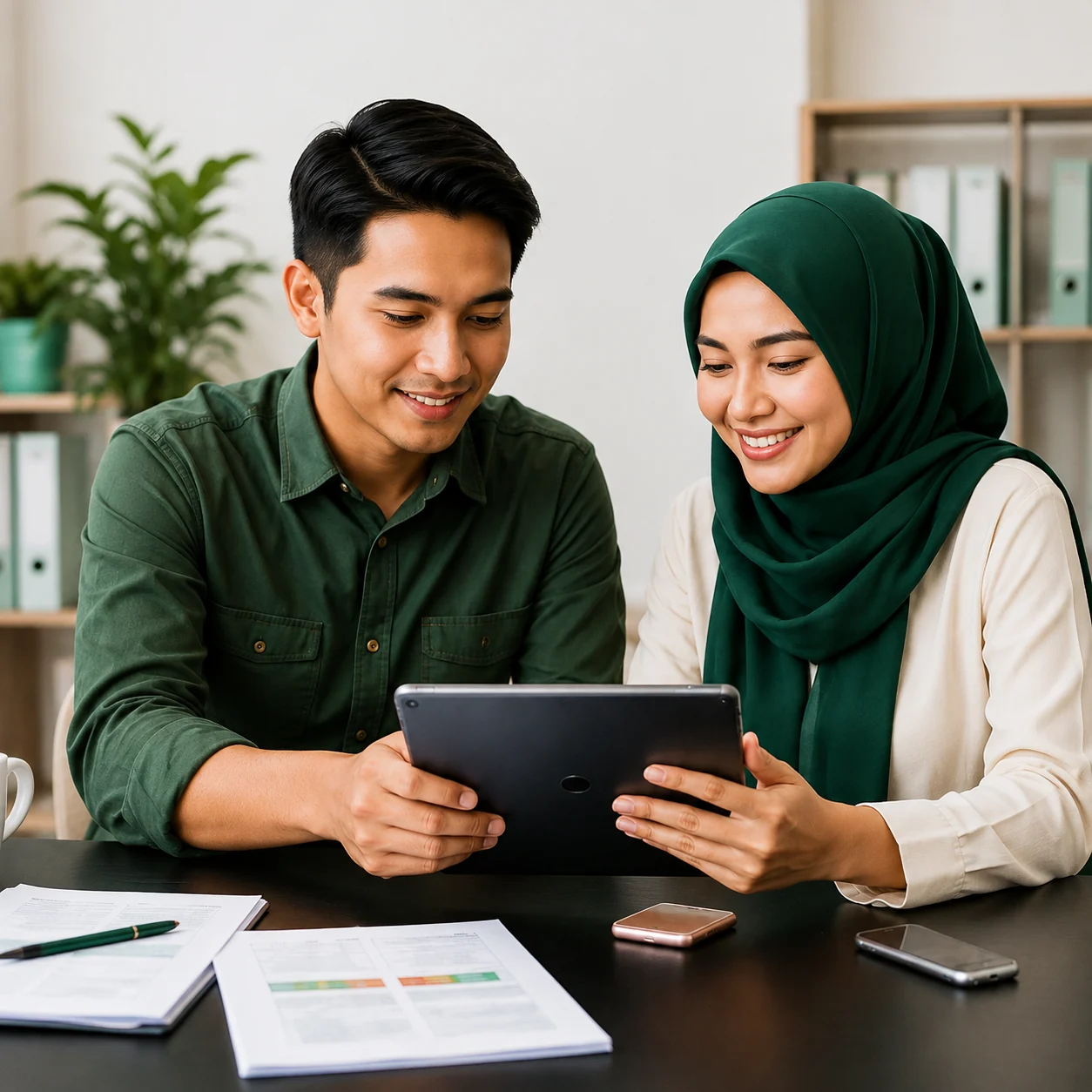 Pasangan sedang menyemak maklumat kewangan pada tablet